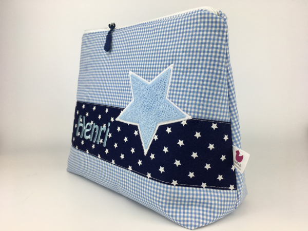 Kulturtasche in Blautönen mit Stern - personalisierbar