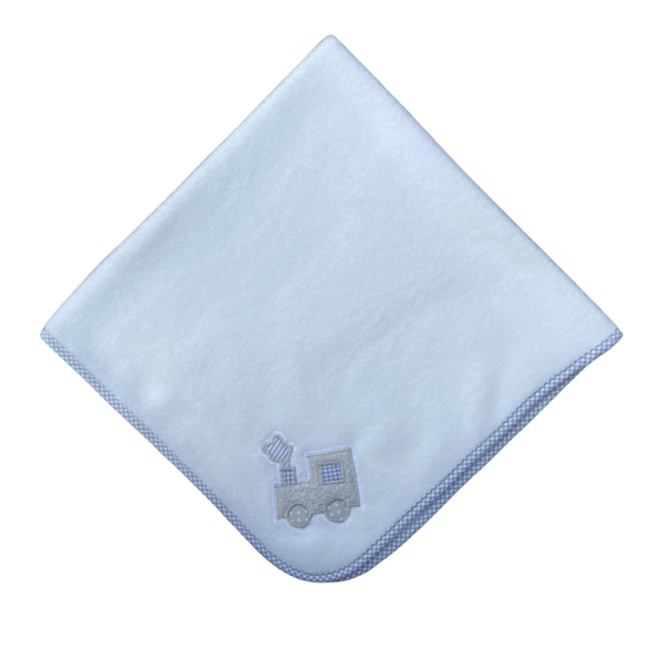 Babydecke weiß mit Lokmotiv 75 x 75 cm - personalisierbar
