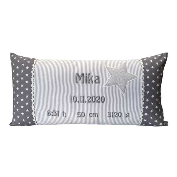 Namenskissen mit Geburtsdaten grau 25 x 50 cm - personalisierbar